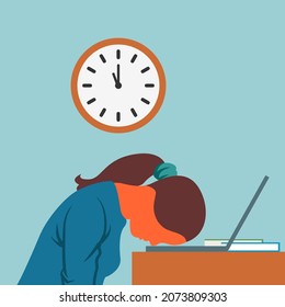 Tired  businesswoman suffering from headache after exhausting work on laptop and with paper document ,Illustration, vector EPS10.