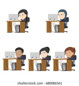 tired businesswoman working different race set