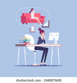 Tired businesswoman working at the table and thinking to relax at home on the sofa with a cup of coffee. Female office employee overloaded at work and dream about the rest vector flat illustration