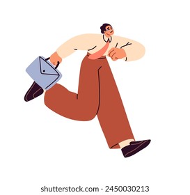 Tired busy business man rushing, running fast. Exhausted stressed sad businessman late, hurrying. Lack of energy, burnout, psychology concept. Flat vector illustration isolated on white background