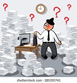 Tired and busy businessman with a lot of work to do. Vector illustration.