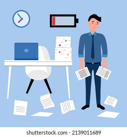 Tired and busy businessman working with paper documents and computer at workplace in flat design. Overworked employee working overtime.