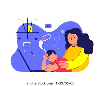 Tired Busy Exhausted Pupil Boy Study Online School In Laptop.Mother Support,Maintain Son.Depressed Teenager.Mom Protect Teen Child Student,Schoolboy.No Energy.Fatigue,Weakness.Flat Vector Illustration