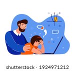 Tired Busy Exhausted Pupil Girl Studying Online School in Laptop.Father Support,Maintain Daughter.Depressed Teenager.Dad Protect Teen Child Student.No energy.Fatigue,Weakness. Flat Vector Illustration