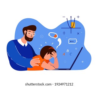 Tired Busy Exhausted Pupil Girl Studying Online School in Laptop.Father Support,Maintain Daughter.Depressed Teenager.Dad Protect Teen Child Student.No energy.Fatigue,Weakness. Flat Vector Illustration