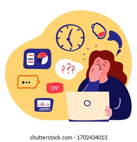 Tired Busy Exhausted Woman with Laptop.Overwhelmed Weary Workaholic Freelancer.No energy.Frustrated,Terrible Fatigue,Weakness.Working Online.Student,Telework.Internet,Computer.Flat Vector Illustration