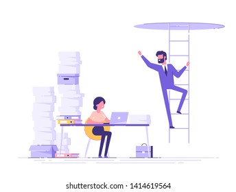 A tired, busy woman is sitting at her desk and looking at her colleague who has been promoted. A successful man is climbing up the stairs. Career development. Envy of colleagues. Vector illustration.