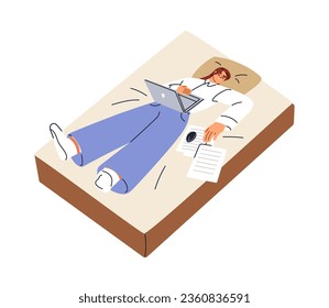 Tired busy woman sleeping in bed with laptop. Exhausted person overloaded with businesses, falling asleep, napping after late night work. Flat graphic vector illustration isolated on white background