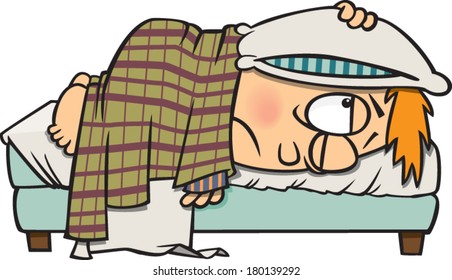 tired cartoon boy not wanting to get out of bed