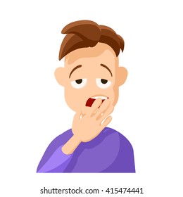 Tired cartoon brown haired young man isolated on white background