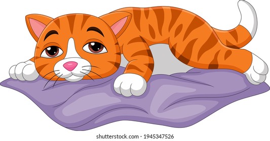 Tired cartoon cat sleeping on the pillow