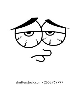 Cansado Cartoon Face Close-Up - Expressão Doodle com olhos de sangue. Ilustração em estilo cartoon em preto e branco de um rosto cansado ou doente com grandes olhos caídos, olhos rachados e uma boca franzida.