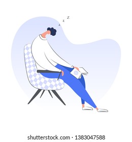 Tired cartoon man sleeping on his armchair with a book in his hand. A person is resting or thinking about something good. Exhausted, relaxing, rest, break, reading concept. Flat isolated modern vector