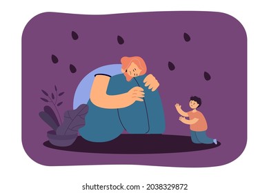 Tired cartoon mother sitting on floor ignoring baby. Sad child reaching out for mom flat vector illustration. Postnatal depression, mental health concept for banner, website design or landing page