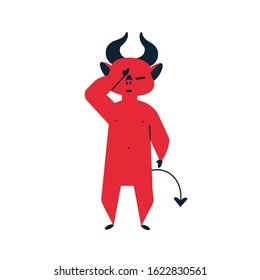 Tired cartoon red devil vector flat illustration. Exhausted little monster closed face by hand isolated on white background. Horned demon having headache