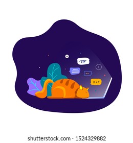 Tired cat fall asleep in learning process laid his head on the laptop Stressed overwhelmed cat online using his computer flat vector illustration with a lot of messages, notifications, info, posts