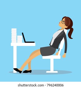 Tired Caucasian Businesswoman or office worker,big pile of papers, cartoon vector illustration