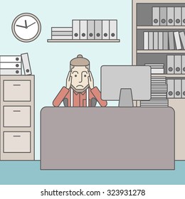 Tired caucasian employee with beard sitting at the table in office. Vector line design illustration. Square layout.