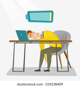 Tired caucasian employee sleeping on the keyboard of laptop. Overworked young employee sleeping at workplace. Exhausted businessman sleeping in office. Vector flat design illustration. Square layout.