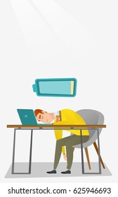 Tired caucasian employee sleeping on the keyboard of laptop. Overworked young employee sleeping at workplace. Exhausted businessman sleeping in office. Vector flat design illustration. Vertical layout