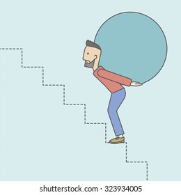 A tired caucasian hipster businessman with beard carrying a big ball going up to reach the goal. Vector line design illustration. Square layout.