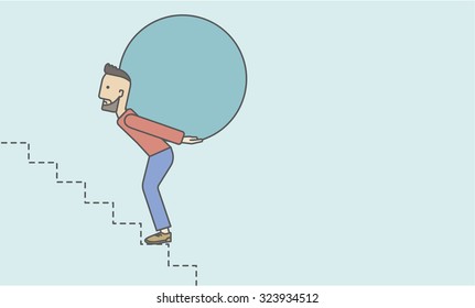 A tired caucasian hipster businessman with beard in carrying a big ball going up to reach the goal. Vector line design illustration. Horizontal layout with a text space.