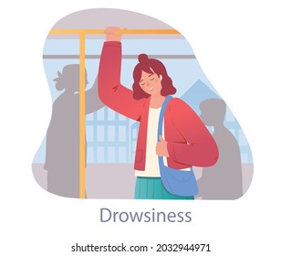 Tired character on bus concept. Woman holds on to handrail and goes to work. Drowsiness due to fatigue. Person falls asleep in transport. Cartoon flat vector illustration isolated on white background