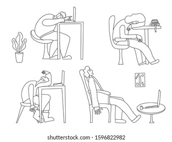 Tired characters set. Persons sitting at the table and sleeping. Exhausted people at work. Vector illustration.