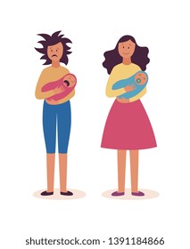 Tired and cheerful women stands with crying and calm babies flat cartoon style, vector illustration isolated on white background. Comparison of happy and depressed mother in postnatal period