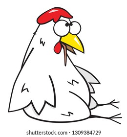 A tired chicken sits on the floor with an open beak and a hanging tongue. Rooster is hot. The bird feels very hot and wants to drink. Vector isolated illustration of chicken on white background
