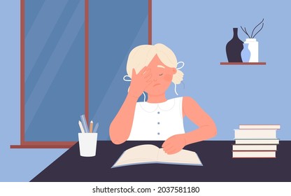 Tired child student doing homework late vector illustration. Cartoon girl character sitting at desk with books to study, overworking nerd pupil teenager learning at dark home interior background