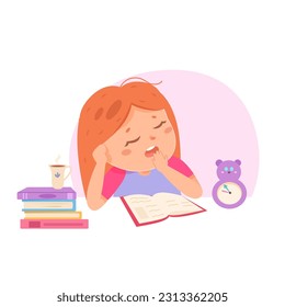 Tired child studying hard vector illustration. Cartoon asleep baby girl student yawning and reading, sad sleepy little kid sitting at table with stack of library books, open textbook and alarm clock