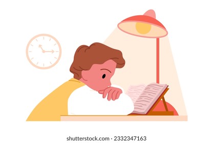 Tired child studying at table overtime vector illustration. Cartoon isolated scene of kids late reading at home desk at night, tired sleeping boy student sitting under light of lamp to read paper book