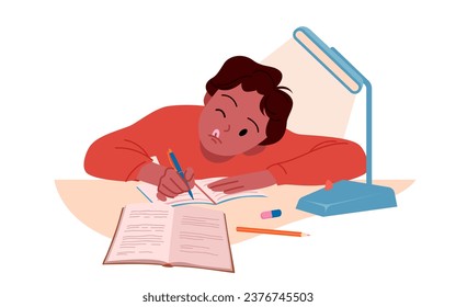 Tired child studying at table overtime vector illustration. Cartoon isolated learning difficulty scene, boy student with fatigue sitting at desk to study and write in notebook under light of lamp