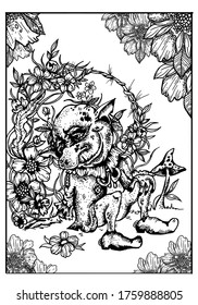 Tired, contented, kind gnome with pointed ears and a large nose, in a jacket with a bow and a beautiful collar, in shoes, sitting on the grass among many beautiful and diverse flowers and plants.