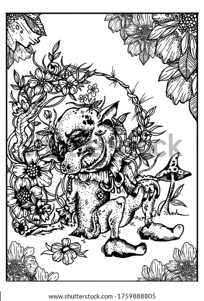Tired, contented, kind gnome with pointed ears\
and a large nose, in a jacket with a bow and a beautiful collar, in\
shoes, sitting on the grass among many beautiful and diverse\
flowers and plants.