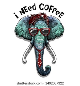 tired cool elephant head vector illustration cartoon style i need coffee slogan t shirt print graphic design