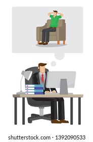Tired corporate employee thinking and dreaming to relax at home while working at his desk in his office. Concept of overloaded at work. Vector isolated cartoon illustration.