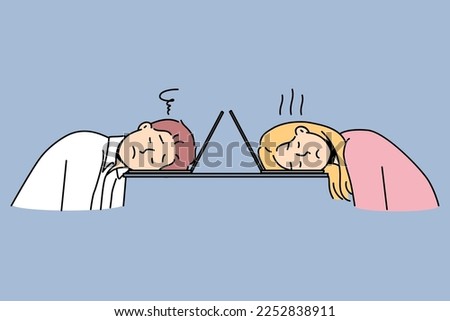 Tired couple sit at table fall asleep during computer work. Exhausted man and woman suffer from fatigue nap at laptop in office. Vector illustration. 