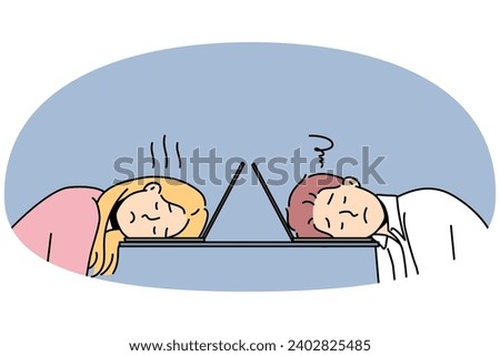 Tired couple sit at table fall asleep during computer work. Exhausted man and woman suffer from fatigue nap at laptop in office. Vector illustration.