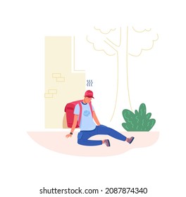 Tired courier. Fatigued delivery worker sit at ground, vector illustration isolated on white background