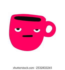 Tired cup of coffee. Funny character. Red color. Hand drawn illustration on white background. 