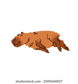 Tired cute asleep capibara lying, has a rest. Amusing capybara sleeps. Adorable fluffy animal napping. Happy rodent lounges. Flat isolated hand drawn vector illustration on white background