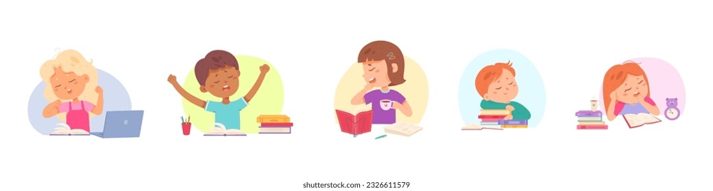 Tired cute kids studying hard set vector illustration. Cartoon isolated asleep lazy school students yawn, sleepy unhappy baby girls and boys sit at classroom table with books, laptop, cup of coffee