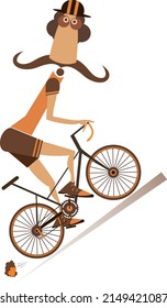 Tired cyclist rides a bike illustration. 
Tired cartoon long mustache man in helmet overcomes a steep ascent isolated on white background
