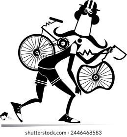 
Tired cyclists man carrying a broken bike. 
Cartoon cyclist man carrying a broken bike on the shoulder. Black and white illustration
