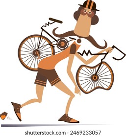 Tired cyclists man carrying a broken bike. 
Cartoon cyclist man carrying a broken bike on the shoulder. Isolated on white background
