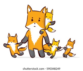 Tired Dad fox with little cute foxes. Hand drawn cartoon illustration.