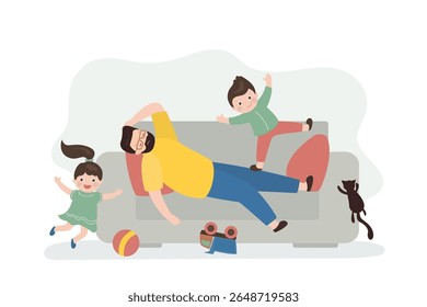 Tired dad with many children. Father exhausted under life routine and lying down on sofa. Kids playing up. Big family and lifestyle. flat vector illustration