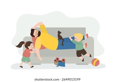Tired dad with many children. Father exhausted under life routine and lying down on sofa. Kids playing up. Big family and lifestyle. flat vector illustration